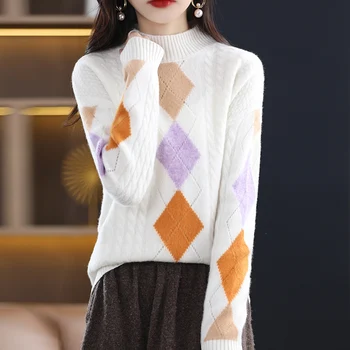 Кашемировый свитер из 100% шерсти Мериноса, Женский вязаный свитер с высоким воротом, пуловер с длинными рукавами, осенне-зимний теплый пуловер